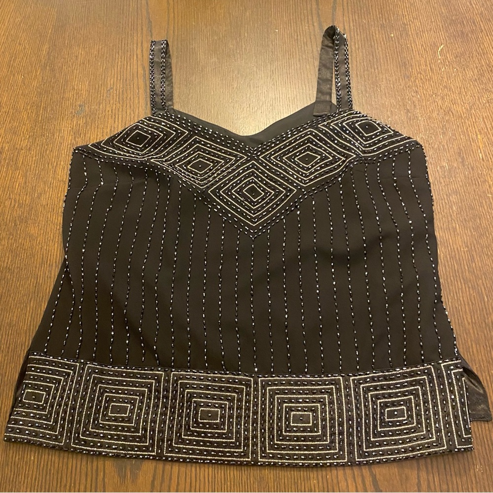 VTG R&M Richards Black Beaded Crepe Sleeveless Blouse Size 12P